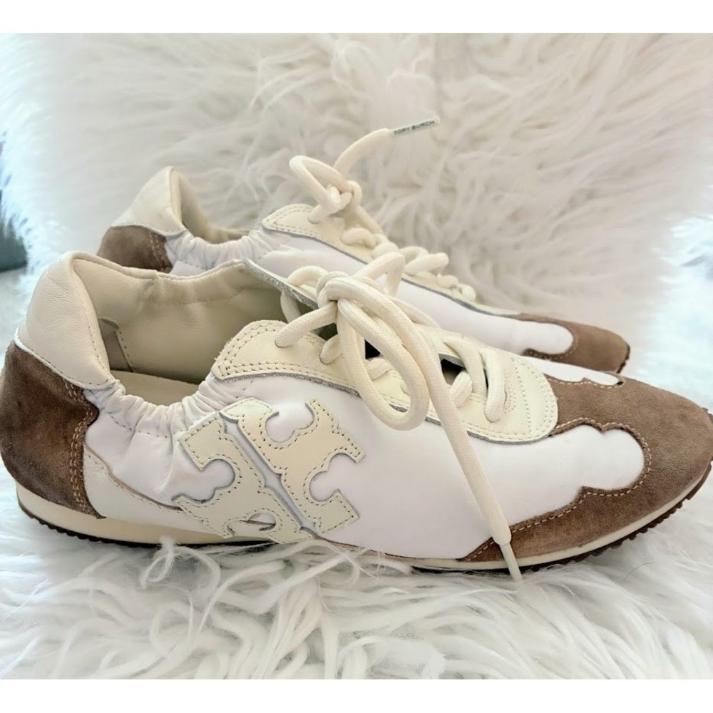 Tory Burch Field Sneaker White Leather Brown Suede Logo Trainers 6